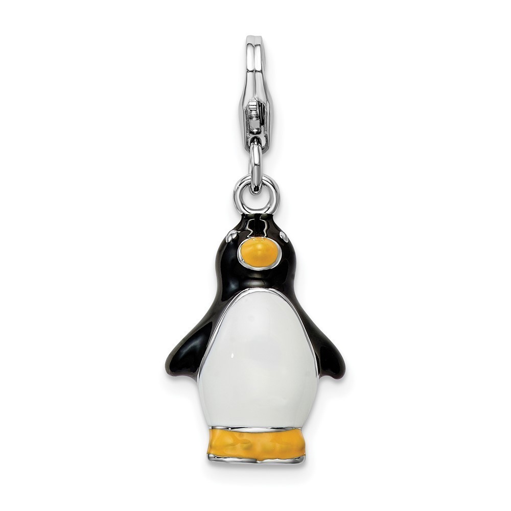 925 Sterling Silver Polished 3-D Enameled Penguin Bracelet Charm Lobster Clasp